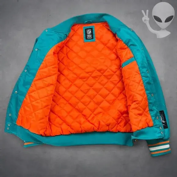 Miami Dolphins NFL Chalk Line Satin Bomber Jacket Small Teal Orange Varsity - Picture 5 of 8